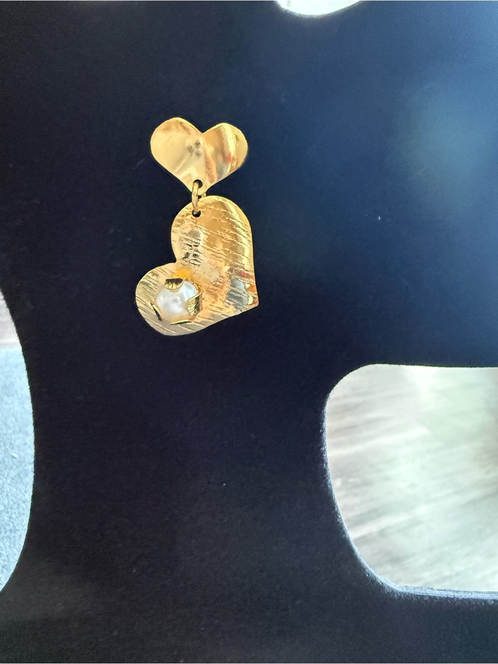 Gold Heart Drop Earrings with Pearl Accent